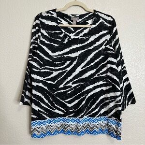 NWT Chico's Zebra Print Smooth Scoop 3/4 Sleeves Tunic Top, Sz Large